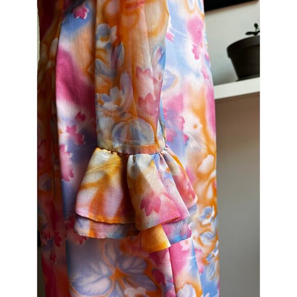 Vintage 70s Floral Ruffle Maxi Dress | Pink Watercolor Chiffon Sleeves | Size M - Picture 8 of 9